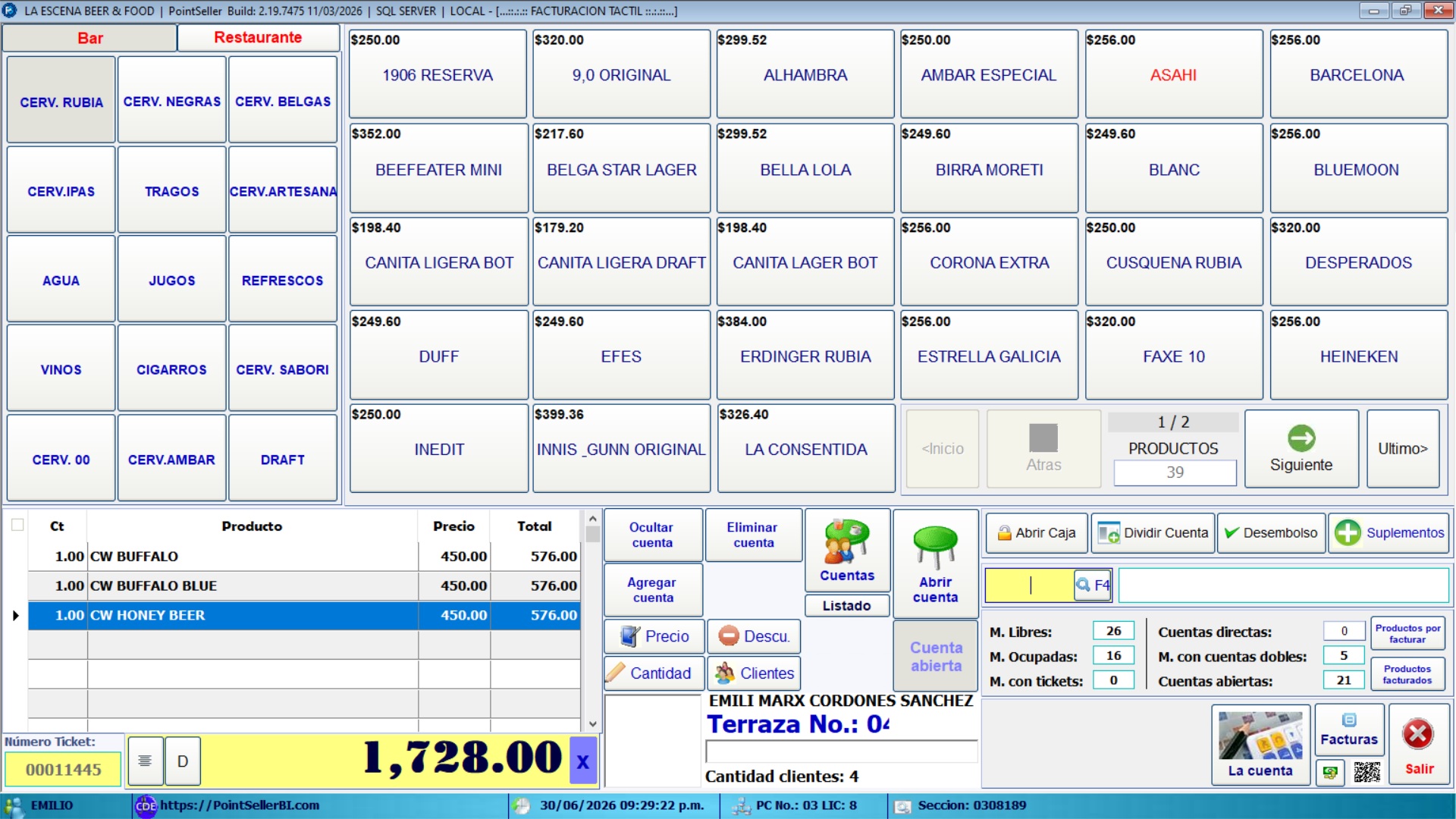 Facturación táctil en PointSeller para restaurante
